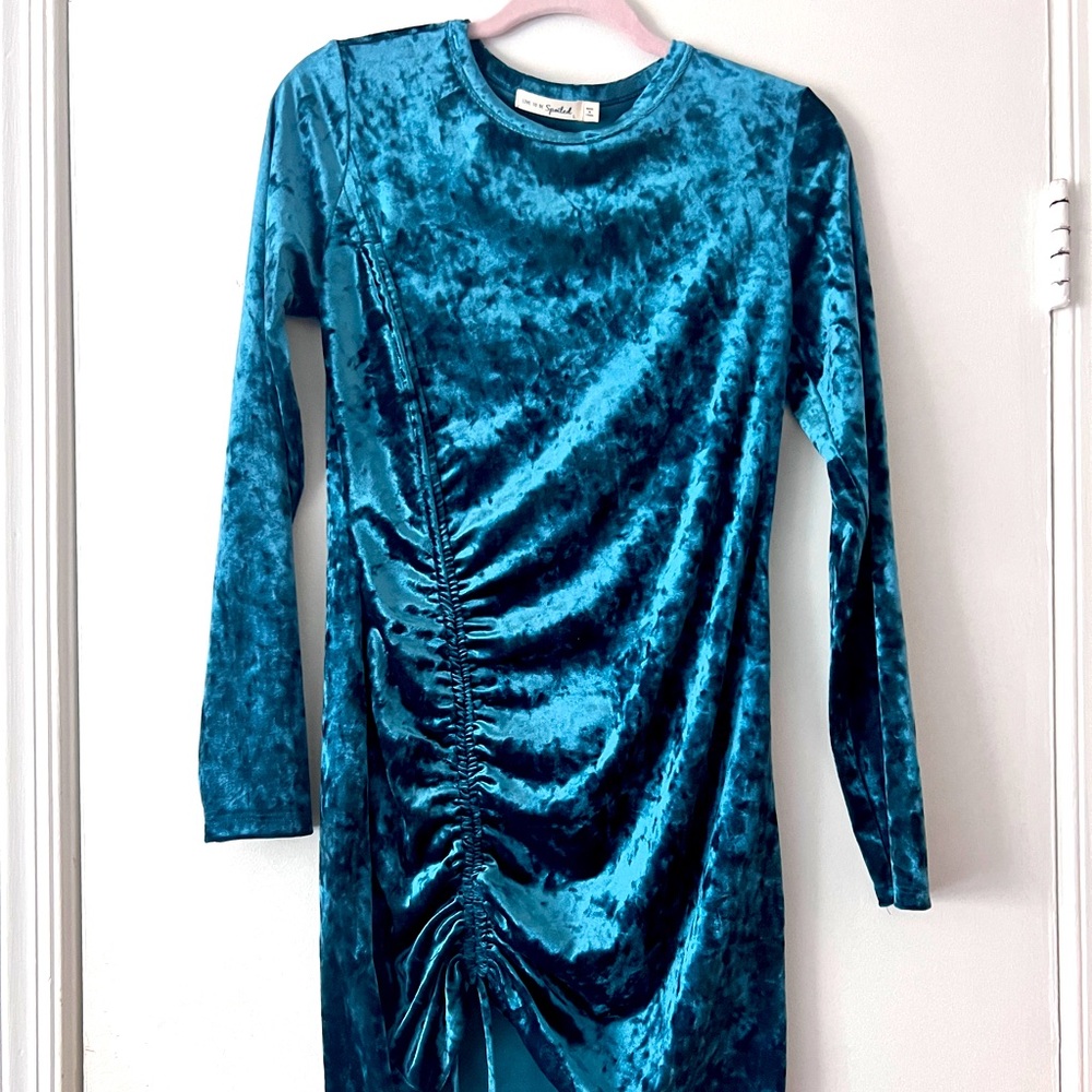 Junior Teal Velvet Ruched Dress - Size L